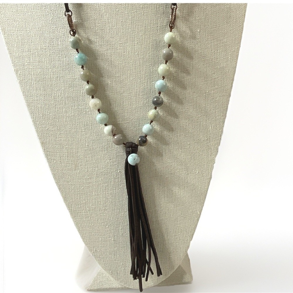 Beaded Necklace Mixed Gemstones & 5" Tassel 28" Leather Cord Bohemian Southwest